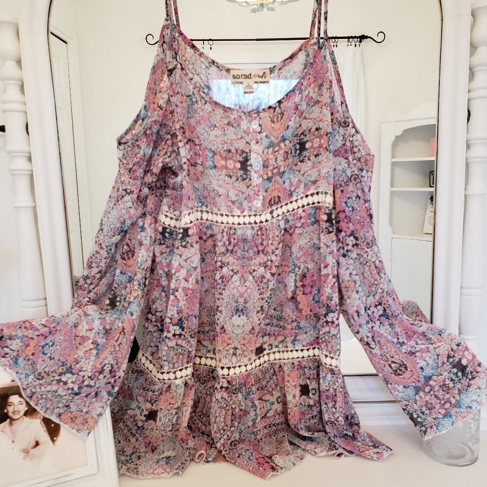 Woven Cold Shoulder Peasant Top S.o. R.a.d. BELL Sleeves Juniors Large NEW NWT